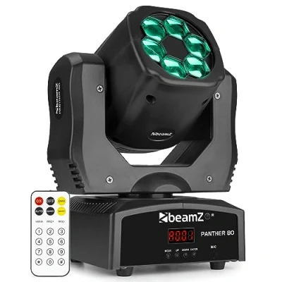 Image de Beamz Panther 80 Lyre LED 6x 12 Watts RGBW CREE, Mode DMX ou Stand Alone, Gestion Audio Auto, Fonction Maitre/Esclave, Shows Préprogrammés, Idéal DJ, Concert, Boite de Nuit