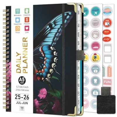 Image de Gumiho Agenda Semainier 2025 2026 Spirale A5 Planner (Juillet Juin 2026) 12 Mois Scolaire Avec boucle de stylo &amp; Autocollants plan (Noir)