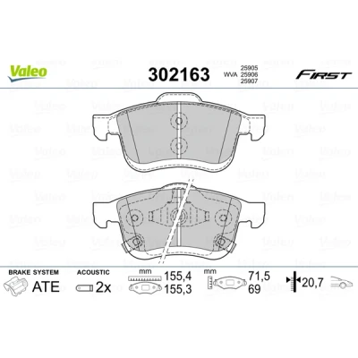 Image de VALEO 302163 Jeu de plaquettes frein FIRST Essieu avant contact signal d&#039;usure inclus avec tôle anti bruit FIAT: 500L