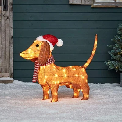 Image de Lights4fun Figure Teckel de Noël à 80 LED Blanc Chaud en Fils Coton pour Extérieur