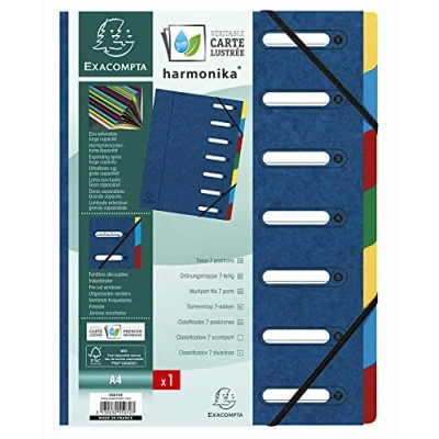 Image de Exacompta Réf. 55072E 1 trieur HARMONIKA avec élastiques et fenêtres découpées couverture en carte lustrée dos extensible 7 compartiments pour A4 dim 24,5 x 32 cm couleur bleu