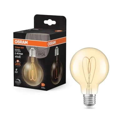 Image de OSRAM Vintage 1906 Globe est une blanc chaud à intensité variaben forme de bouclassique avec filament. Il offre 4,9 W pour 470 lm,E27, verre doré, diamètre 80 mm, 2200 K, EEK F.