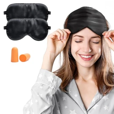 Image de Masque de Sommeil 2 Pack, Nuit Soie, 100% Soie Naturelle Occultant Ultra Douce Voyage Yeux Sommeil,Masque pour Dormir Noir