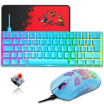 Image de ZIYOU LANG T60 Clavier Et Souris De Jeu Mécaniques 60% [disposition Britannique] Mini Ergonomique Lumineux RVB Type C 12 000 DPI, USB en Nid d&#039;abeille Interrupteur Bleu + Rouge