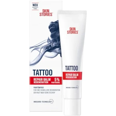 Image de SKIN STORIES Baume réparateur (40 ml), soin apaisant pour tatouage avec InkGuard Technology® et panthénol, crème de à l&#039;extrait camomille bio une régénération plus rapide la peau