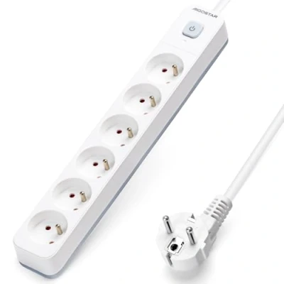 Image de Aigostar Multiprises 6 Prises avec Interrupteur, Extension D&#039;alimentation de 1.5 Mètre, Sécurité Enfant, Française, Blanc, 16A 250V