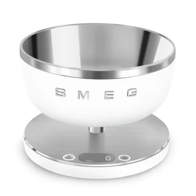 Image de Smeg, Balance de Cuisine KSC01WHMWW, Bol Amovible en Acier Inoxydable, Quatre Unités Mesure g/ml et lb.oz/fl.oz, avec Fonction Tare, Capacité Maximale 5 kg, Blanc Mat