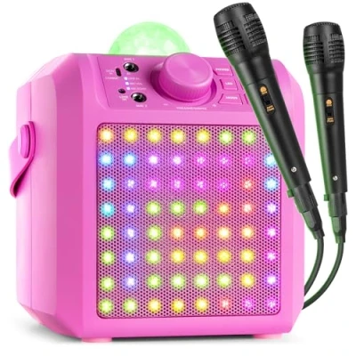 Image de Fenton KAR55P Enceinte Karaoké Enfant Bluetooth avec Façade Lumineuse et Jelly Ball 50 Watts Rose, Batterie Intégrée, 2 Micro Inclus, Une Activité Ludique pour Les Enfants Anniversaires