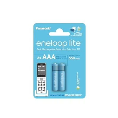 Image de eneloop lite, piles rechargeables AAA/Micro, lot de 2, capacité min. 550 mAh, Ni MH, prêt à l&#039;emploi, jusqu&#039;à 3000 fois, emballage sans plastique, bleues