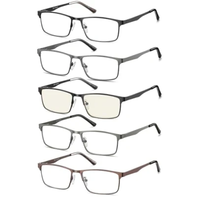 Image de Amcedar 5 Paires Lunettes de Vue Lecture Hommes Rectangulaire style cadre Acier Inoxydable Materiaux Charniere a ressort Compris Ordinateur +2.50