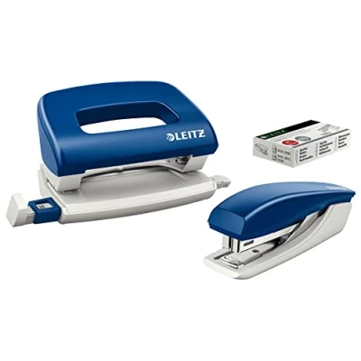 Image de Leitz Set Mini Agrafeuse Et Perforateur, Capacité 10 Feuilles, Bleu, Boîtier Ergonomique, Agrafes Incluses, Gamme NeXXt, 55076035