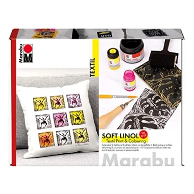 Image de Marabu 1703000000081 Kit de coloriage et Impression en linol Doux pour Textiles avec Plaque d&#039;impression Douce, Outil découpe Lames, Rouleau Mousse, Pinceau, Encre 100 ML 2