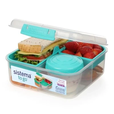 Image de Sistema Bento Cube Boîte à repas 1,25 L Récipient de conservation alimentaire avec compartiments individuels et pot yaourt Sarcelle