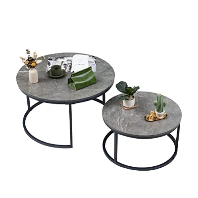 Image de Soayone Lot de 2 Tables Basses Rondes en marbre Gris foncé avec Structure métal Noir, Table d&#039;appoint Ronde, Salon Moderne, pour Salon, Chambre à Coucher, Balcon