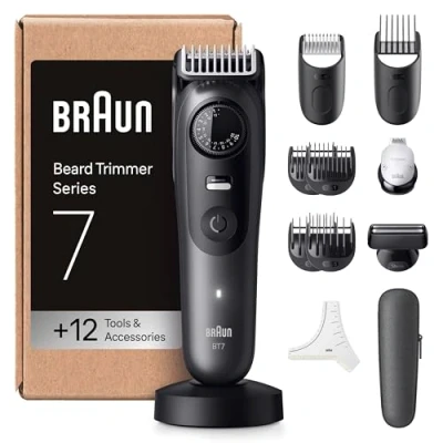Image de Braun Tondeuse À Barbe Series 7, + 12 Outils De Barbier, Lame ProBlade Affûtée Et Inusable, Jusqu&#039;à 120 Min D&#039;autonomie, 40 Longueurs, Étanche, Molette Précision Verrouillage, BT7545, Gris