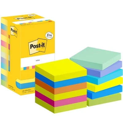 Image de Post it Notes, Couleurs Energetic, Pack de 8 + 4 Blocs Gratuits, 100 Feuilles par Bloc,76 mm x 76 mm, Jaune,Bleu,Orange,Rose,Vert Notes Autocollantes pour Prise Listes Tâches et Rappels