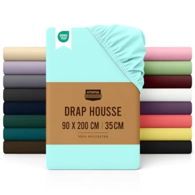 Image de Utopia Bedding Drap Housse Bleu Spa, 90 x 200 cm Bonnets 35 pour Matelas Épais Polyester Microfibre Brossée