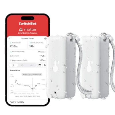 Image de SwitchBot Lot de 2 thermomètres hygromètre IP65 Pour l&#039;intérieur et l&#039;extérieur Bluetooth Point rosée VPD Capteur d&#039;humidité absolu Stockage des données serre, cave à vin
