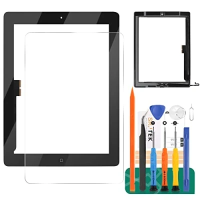 Image de Écran tactile numériseur de rechange pour iPad 4 4ème A1458 A1459 A1460 avec verre trempé + outils bouton Home (écran LCD non inclus) (Noir)