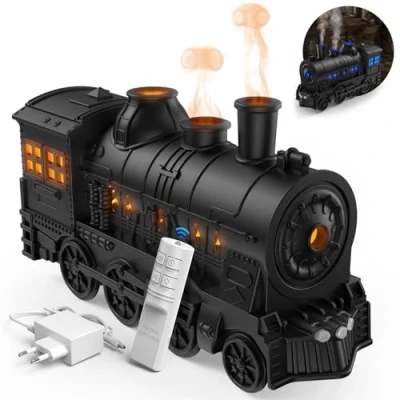 Image de Jeebel Diffuseur Arôme pour Huiles Essentielles 300ml Mini Humidificateur avec Forme Train, Effet Flamme, Télécommande, Minuterie, Adaptateur électrique Aromathérapie Chambre Bureau