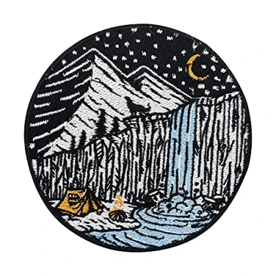 Image de Finally Home Écusson thermocollant Motif feu de camp dans les montagnes cascade, rivière, tente Noir / blanc bleu jaune, Taille unique