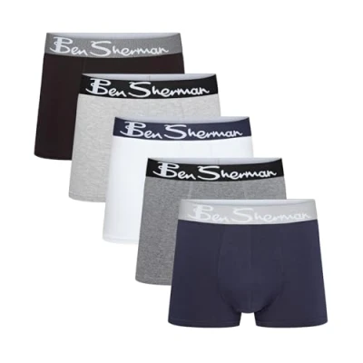 Image de Ben Sherman Boxers pour Homme dans Les Coloris Noir/Blanc/Anthracite/Bleu Marine/Gris, en Coton Doux au Toucher avec Taille élastique sous vêtements Confortables et Respirants Lot de 5