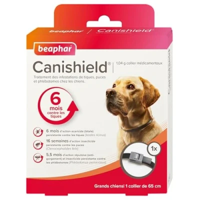 Image de BEAPHAR CANISHIELD 1,04 g 1 collier antiparasitaire pour grands chiens Substance active : Deltaméthrine Agit contre les tiques, puces et phlébotomes 65 cm