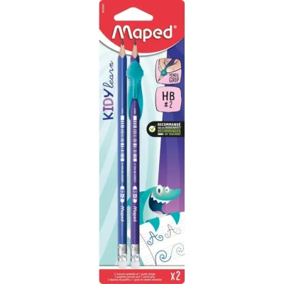 Image de Maped 2 Crayons à Papier + 1 Guide doigts Amovible en Matière soft de couleur bleu Outil d’apprentissage Ecriture pour Graphites