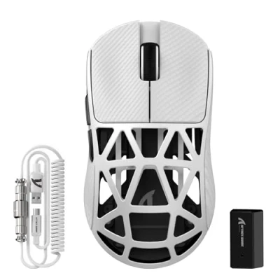 Image de ATTACK SHARK R2PRO 45g Souris Super Léger en Alliage de Magnésium, PixArt PAW3950 Capteur, 42000DPI, 8000Hz Polling Rate, 2,4G/BT/Filaire, G502, Programmables avec Câble Spiralé, PC/Mac, Blanc