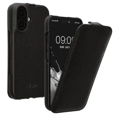 Image de kalibri Housse Rabattable Pochette Ultra Fine Compatible avec Apple iPhone 16 Étui de Protection en Cuir Noir