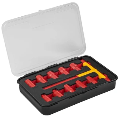 Image de Högert Technik Jeu de 11 prises isolées avec clé en T type 1000 V, pièces Certifié VDE pour jusqu&#039;à V 10 clés à douille 1 3/8&quot; et poignée