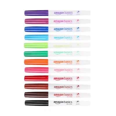 Image de Amazon Basics Lot de 12 Marqueurs à pointe ultra fine et faible odeur, effaçables sec, pour tableaux blancs, plusieurs couleurs