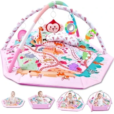 Image de TFDER Tapis de jeu multifonctionnel pour nouveau nés avec 8 jouets sensoriels détachables, facile à nettoyer, d&#039;éveil et jeux éducatif jouer bébés partir 0 mois(Rose)