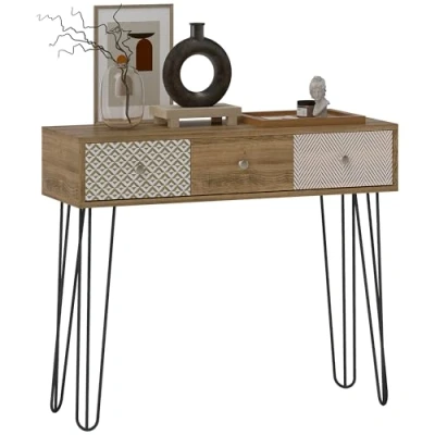 Image de table console HOMCOM 3 tiroirs d&#039;entrée étroite pieds en épingle à cheveux acier 90 x 30 75 cm marron