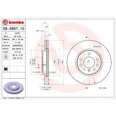 Image de BREMBO 09.5807.10 Disque de frein 284 24 5 ventilé l&#039;intérieur OPEL: Calibra A, Vectra A Berline, CC, SAAB: 900 II Cabriolet, Coupe