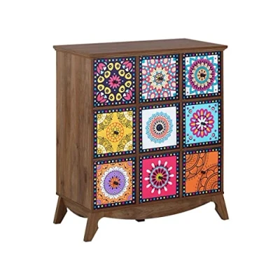 Image de Meuble de Rangement au Style Boho composé 9 Tiroirs avec Motifs Psychédéliques différents 92 cm Hauteur Beliani