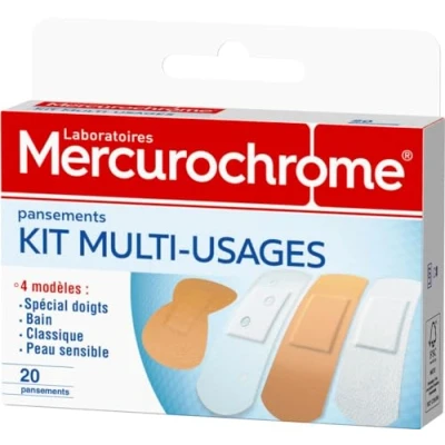 Image de MERCUROCHROME Pansements kit multi usages 20 unités 4 modèles différents Classique Bain Peau Sensible Spécial Doigts Protège les plaies de toute la famille