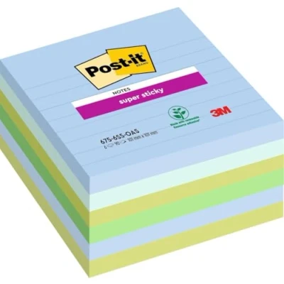 Image de Post it Super Sticky Notes Grand Format, Couleurs Oasis, Pack de 6 Blocs Lignés, 90 Feuilles par Bloc, 101 mm x mm, Bleu, Vert Adhésives pour Prise et Listes Tâches
