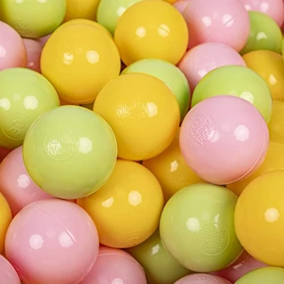 Image de KiddyMoon 700 ∅ 7Cm Balles Colorées Plastique pour Piscine Enfant Bébé Fabriqué en EU, Vert Clair/Jaune/Rose Poudre