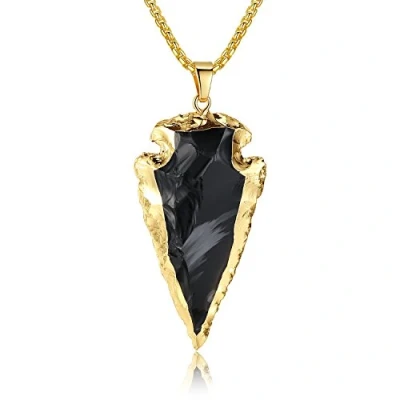 Image de COAI Collier Long Pendentif Flèche Pierres Véritables Obsidienne Brute Chaîne Dorée Unisexe