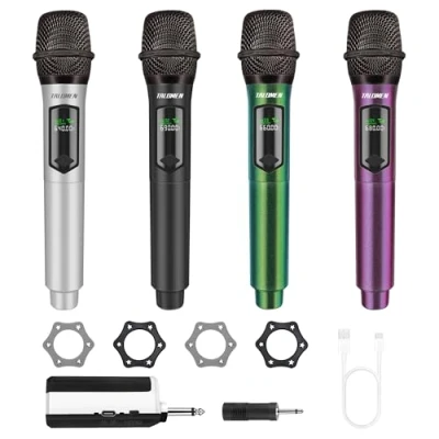 Image de talomen Microphone sans Fil Professionnel, système de Microphones Quadruple 2,4 GHz, Micro karaoké Dynamique Rechargeable avec récepteur, portée 160ft, pour Chant, fête, K604 Argent Noir Vert Pourpre