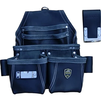 Image de ZAKCO, PRO 16 Pochette à Outils 5 Poches en Cuir véritable. de Charpentier. Double Chargement Frontal pour Clous et Outils. avec Porte Marteau supplémentaire (Noir)