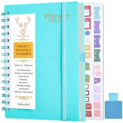 Image de Gumiho Agenda Semainier 2025 2026 Spirale A5 (Janvier2025 Juin2026) 18 mois Scolaire Avec boucle de stylo &amp; Autocollants plan (bleu)