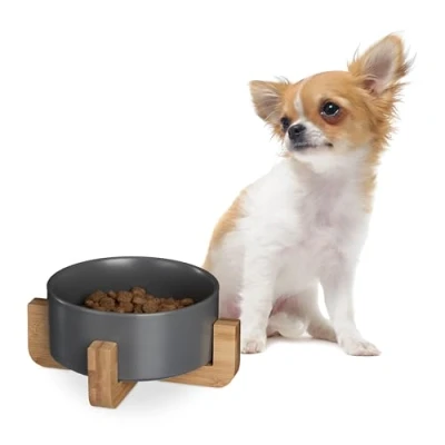 Image de Relaxdays Gamelle pour Chien, 850 ML, Nourriture &amp; Eau, Bol avec Structure en Bambou, HxLxP : 9 x 20 cm, Gris