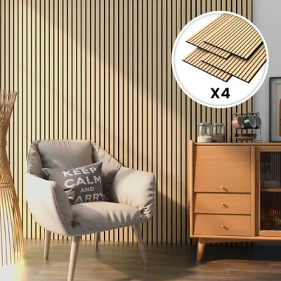 Image de NEU.HOLZ Set de 4 Panneaux Acoustiques Muraux Plafond Isolation Sonore Lattes Décoratives Style Scandinave Installation Facile NRC 0,8 MDF 120 x 60 cm Effet Chêne