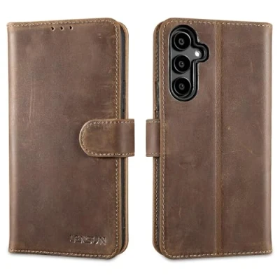 Image de LENSUN Coque pour Samsung Galaxy A54 5G, Etui à Rabat en Cuir Véritable Portefeuille Housse [Rangements Cartes] [Fermoir Magnétique] Marron Foncé Rétro