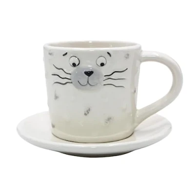 Image de Dekohelden24 Tasse à café en Porcelaine, avec Soucoupe/Assiette Visage de Chat, Hauteur Totale 8 cm, capacité env. 150 ML