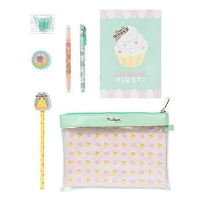 Image de Grupo Erik Set De Papeterie Pusheen Foodie Collection Inclut : 1 Stylo Gel, Surligneur, Crayon Papier, Carnet A5, Taille Crayon, 8 Trombones, Trousse Fournitures Scolaires Kawaii