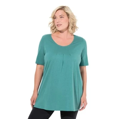 Image de Ulla Popken T Shirt, Zierfalten, A Linie, Rundhals, Halbarm, Modal Maillot de Tunique, Vert, 54 56 Femmes