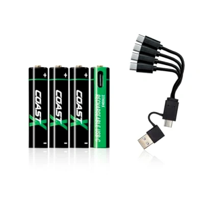 Image de Coast Zithion X Lot de 4 Piles AAA USB C, Lithium ION 1,5 V, 750 mAh, Longue durée, Charge en 1 25 Heures Maximum, Plus 1000 Cycles Charge, câble Inclus